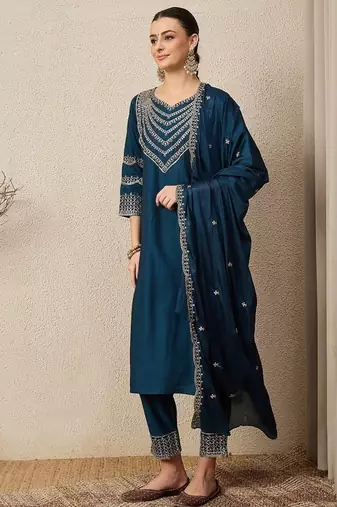 TEAL BLUE EMBRODEIRY WORK FABRIC ROMAN SILK WOMENS KURTI PANT DUPATTA SET