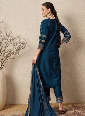 TEAL BLUE EMBRODEIRY WORK FABRIC ROMAN SILK WOMENS KURTI PANT DUPATTA SET 5