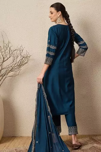 TEAL BLUE EMBRODEIRY WORK FABRIC ROMAN SILK WOMENS KURTI PANT DUPATTA SET