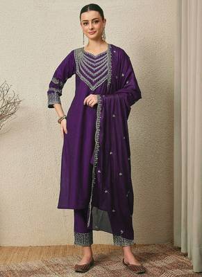 PURPLE EMBRODEIRY WORK FABRIC ROMAN SILK WOMENS KURTI PANT DUPATTA SET 1