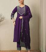 PURPLE EMBRODEIRY WORK FABRIC ROMAN SILK WOMENS KURTI PANT DUPATTA SET