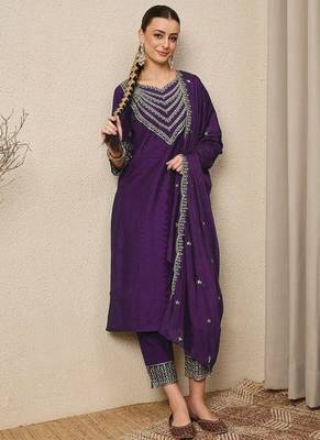 PURPLE EMBRODEIRY WORK FABRIC ROMAN SILK WOMENS KURTI PANT DUPATTA SET 3
