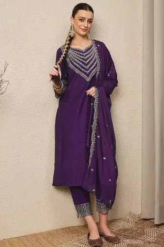 PURPLE EMBRODEIRY WORK FABRIC ROMAN SILK WOMENS KURTI PANT DUPATTA SET