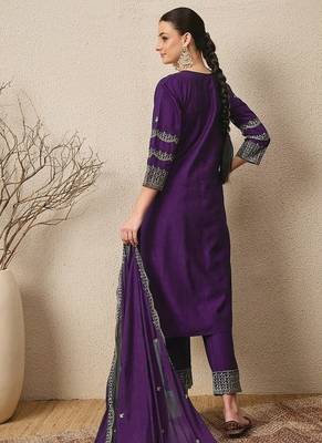 PURPLE EMBRODEIRY WORK FABRIC ROMAN SILK WOMENS KURTI PANT DUPATTA SET 4