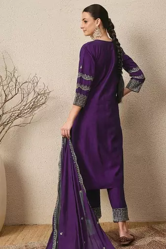 PURPLE EMBRODEIRY WORK FABRIC ROMAN SILK WOMENS KURTI PANT DUPATTA SET