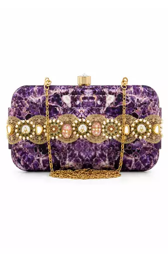 Purple Amethyst Print Slide-In Clutch Bag with Embellished Detail