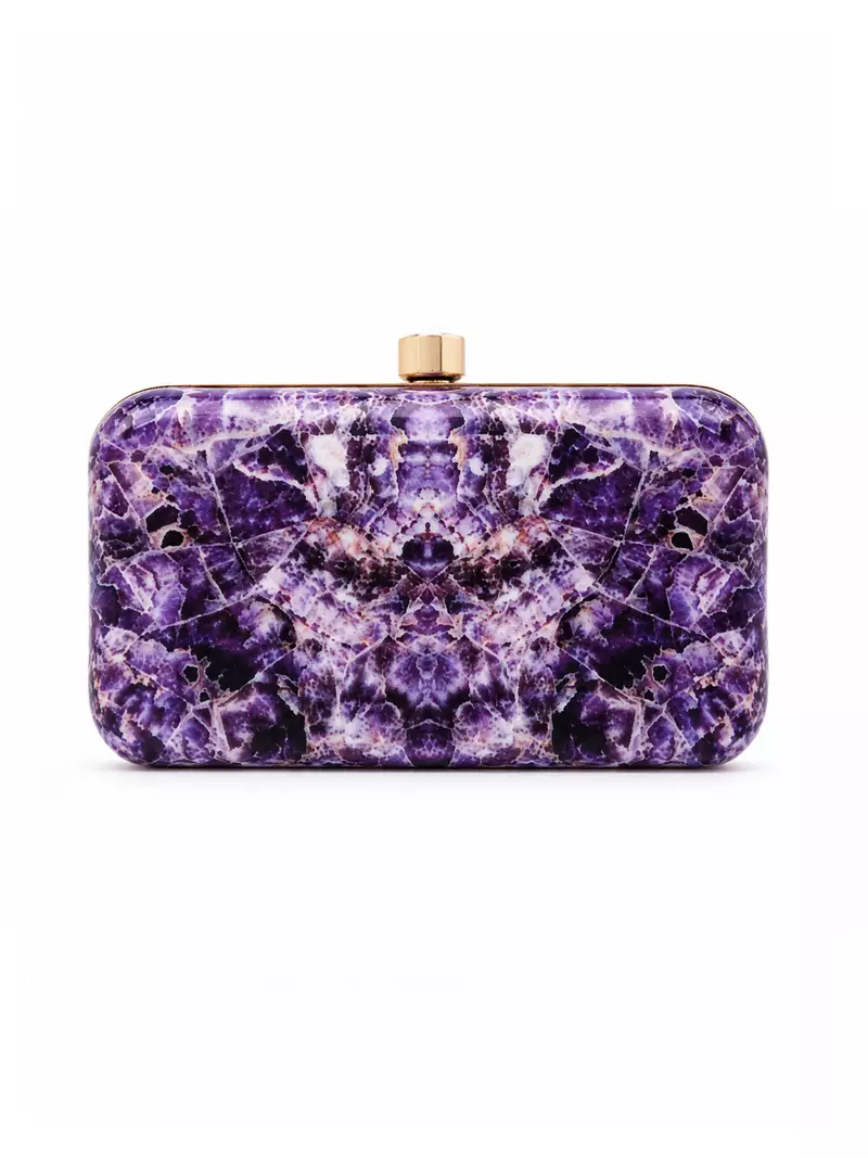 Purple Amethyst Print Slide-In Clutch Bag with Embellished Detail