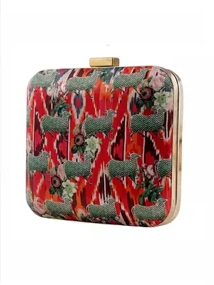 Ikat & Pichwai Cow Print Clutch Bag with Floral Artwork 1