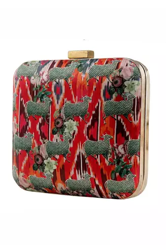 Ikat & Pichwai Cow Print Clutch Bag with Floral Artwork