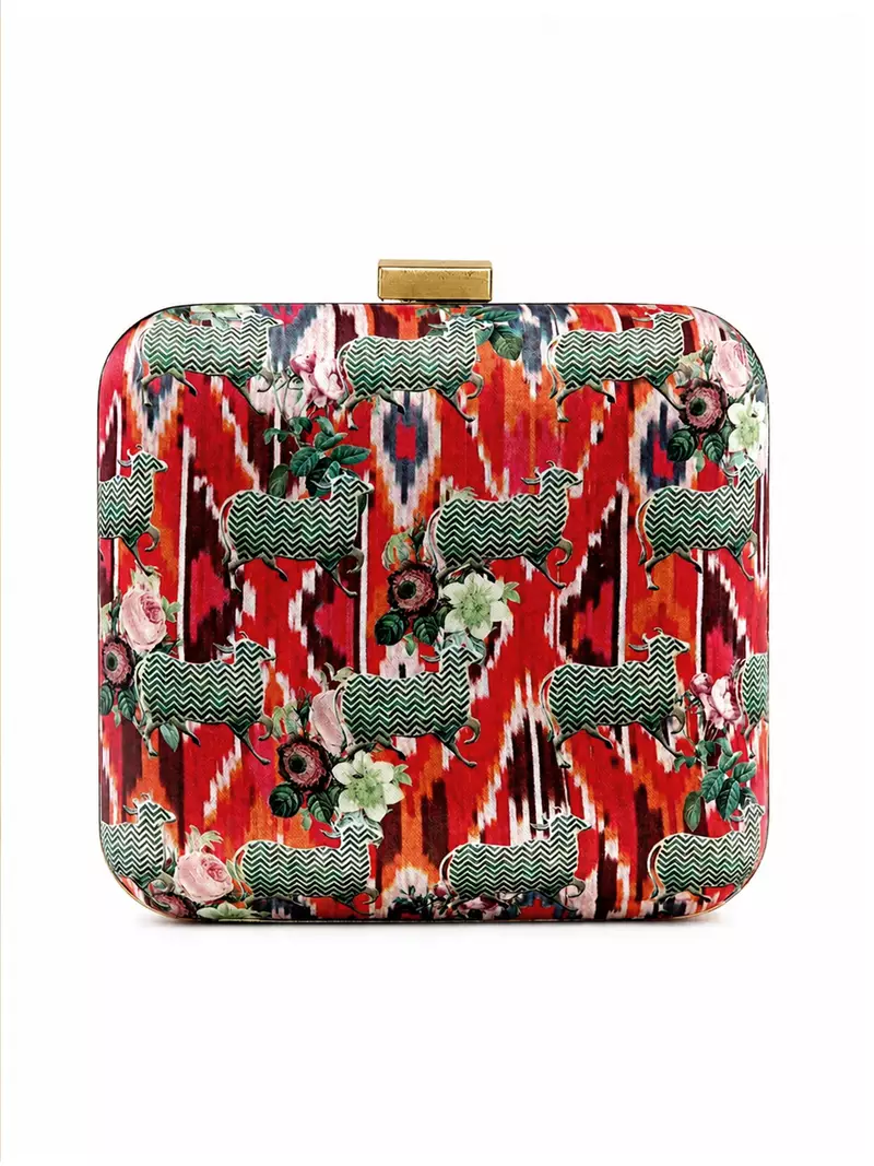 Ikat & Pichwai Cow Print Clutch Bag with Floral Artwork
