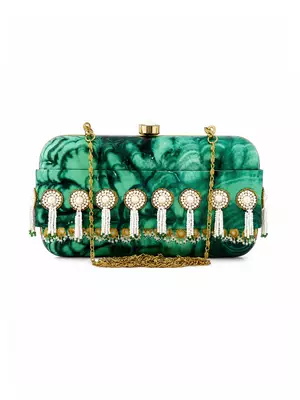 Green Jade Print Clutch Bag with Pearl Tassel Embellishment 1