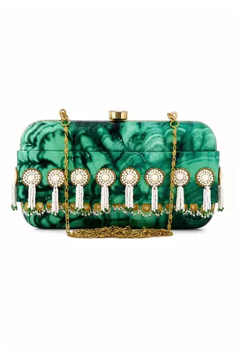 Green Jade Print Clutch Bag with Pearl Tassel Embellishment