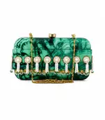 Green Jade Print Clutch Bag with Pearl Tassel Embellishment
