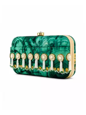 Green Jade Print Clutch Bag with Pearl Tassel Embellishment 2