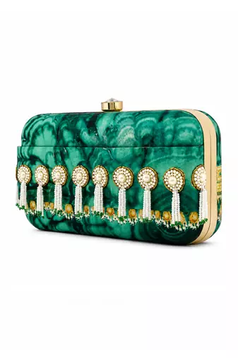 Green Jade Print Clutch Bag with Pearl Tassel Embellishment