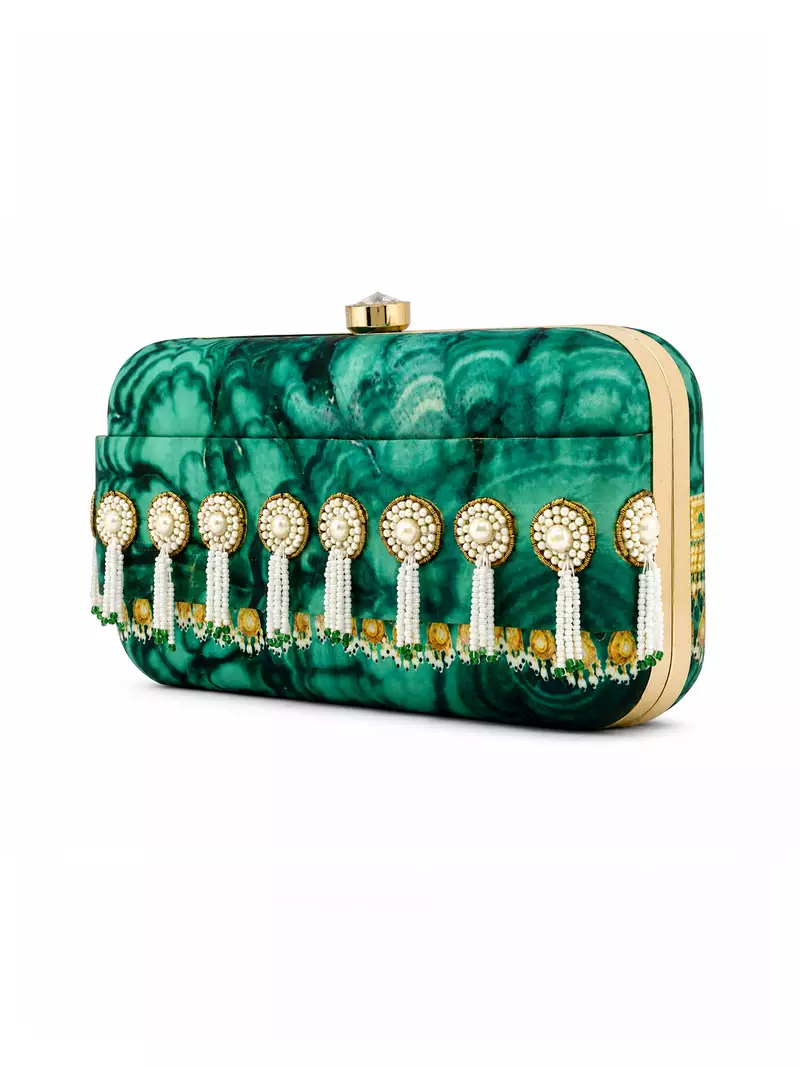 Green Jade Print Clutch Bag with Pearl Tassel Embellishment