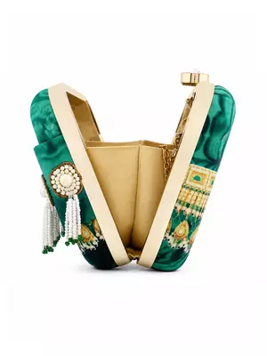 Green Jade Print Clutch Bag with Pearl Tassel Embellishment 3