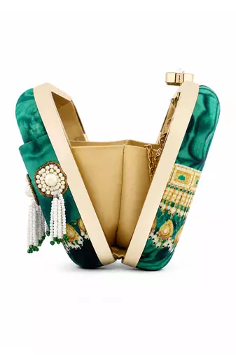 Green Jade Print Clutch Bag with Pearl Tassel Embellishment