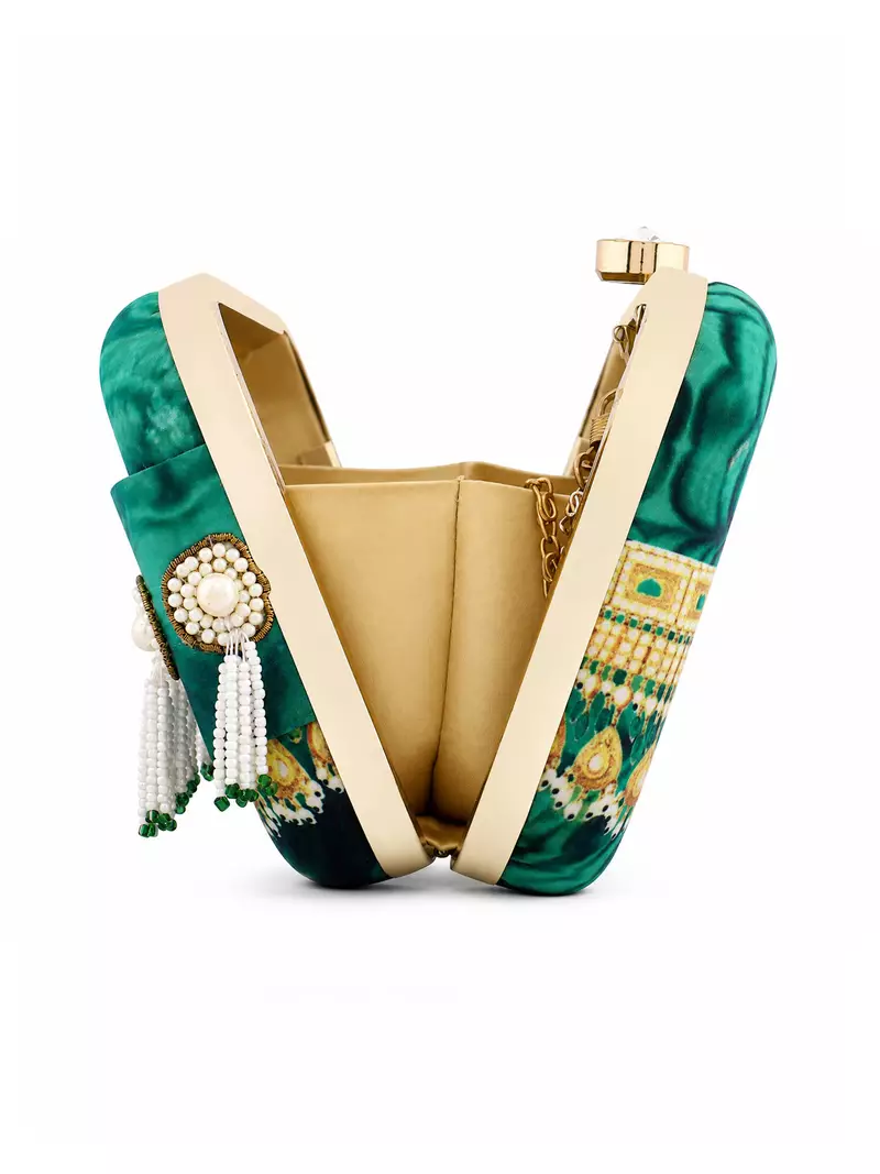 Green Jade Print Clutch Bag with Pearl Tassel Embellishment
