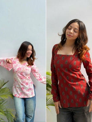 Pack of 2 handmade block printed rayon fabric  short kurti for women's 1