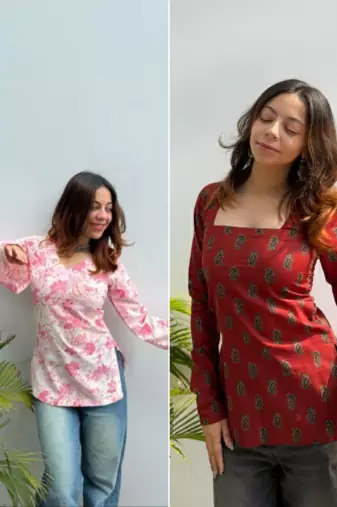 Pack of 2 handmade block printed rayon fabric  short kurti for women's