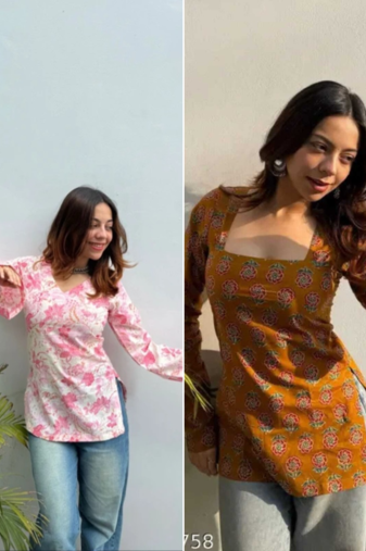 Pack of 2 handmade block printed rayon fabric  short kurti for women's