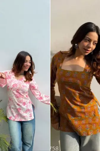 Pack of 2 handmade block printed rayon fabric  short kurti for women's