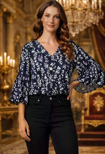 NAVY BLUE FLORAL PRINTED WORK FABRIC COTTON WOMENS KURTI TOP
