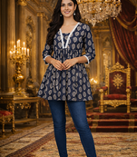 NAVY BLUE FLORAL PRINTED WITH LACE WORK FABRIC COTTON WOMENS KURTI TOP