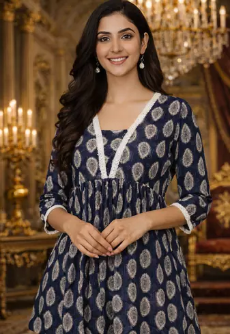 NAVY BLUE FLORAL PRINTED WITH LACE WORK FABRIC COTTON WOMENS KURTI TOP