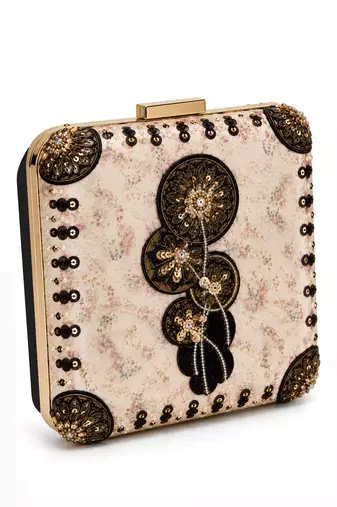 Ivory Floral Print Embroidered Clutch Bag with Black Gold Embellishment