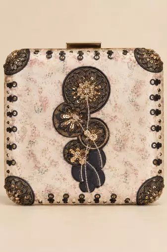 Ivory Floral Print Embroidered Clutch Bag with Black Gold Embellishment
