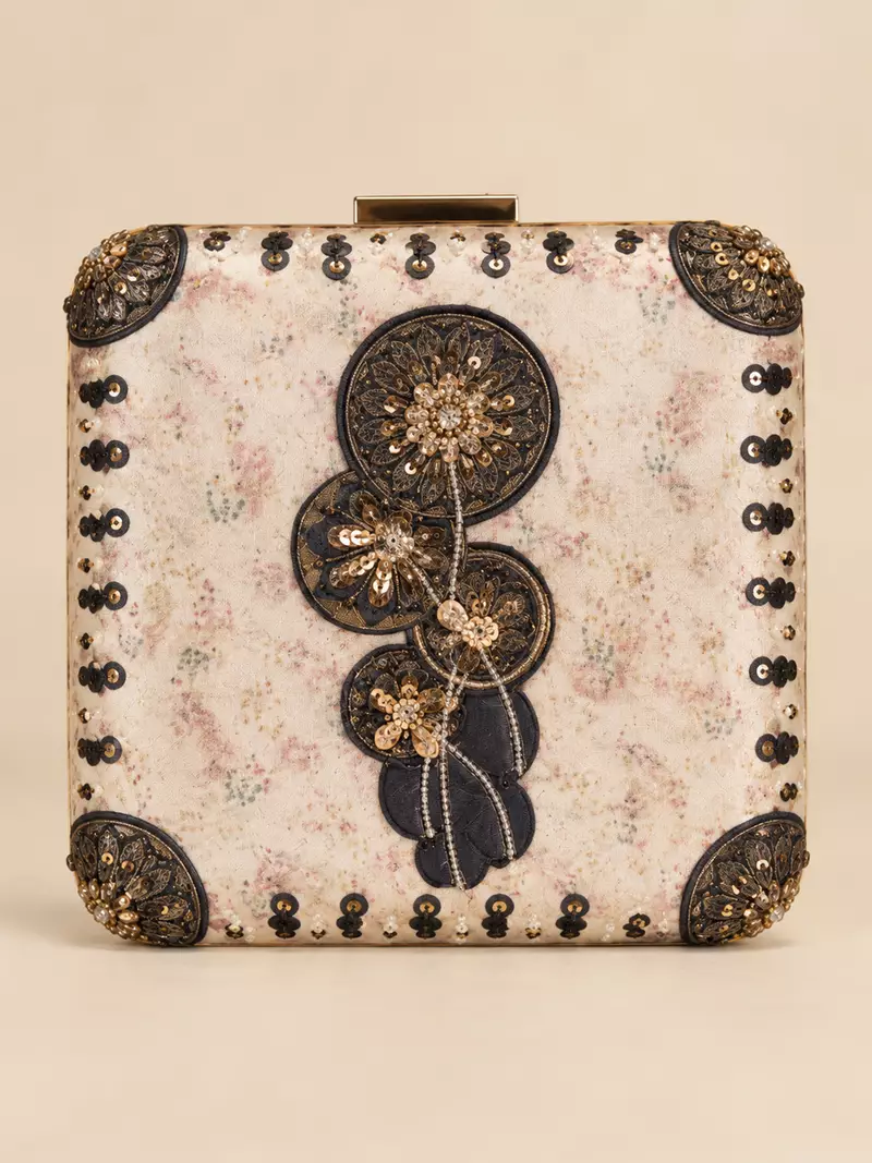 Ivory Floral Print Embroidered Clutch Bag with Black Gold Embellishment