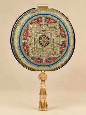 Blue Mandala Printed Embroidered Round Clutch Bag with Gold Tassel 1
