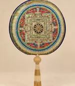 Blue Mandala Printed Embroidered Round Clutch Bag with Gold Tassel