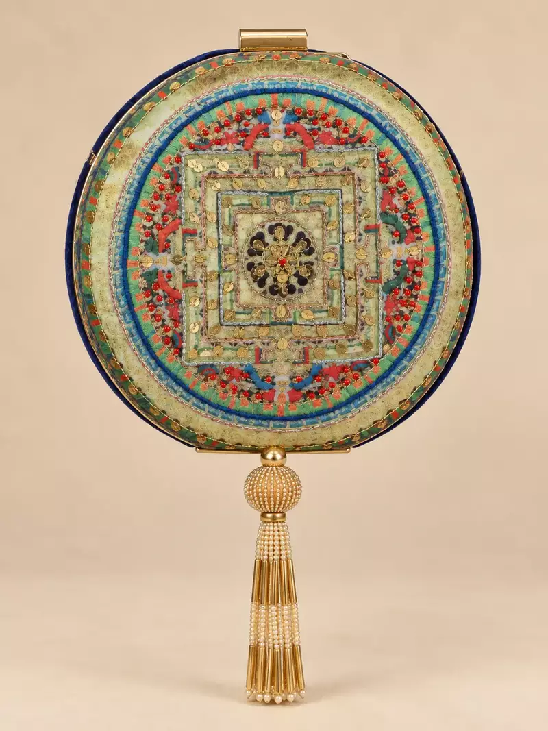 Blue Mandala Printed Embroidered Round Clutch Bag with Gold Tassel