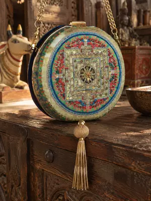 Blue Mandala Printed Embroidered Round Clutch Bag with Gold Tassel 2