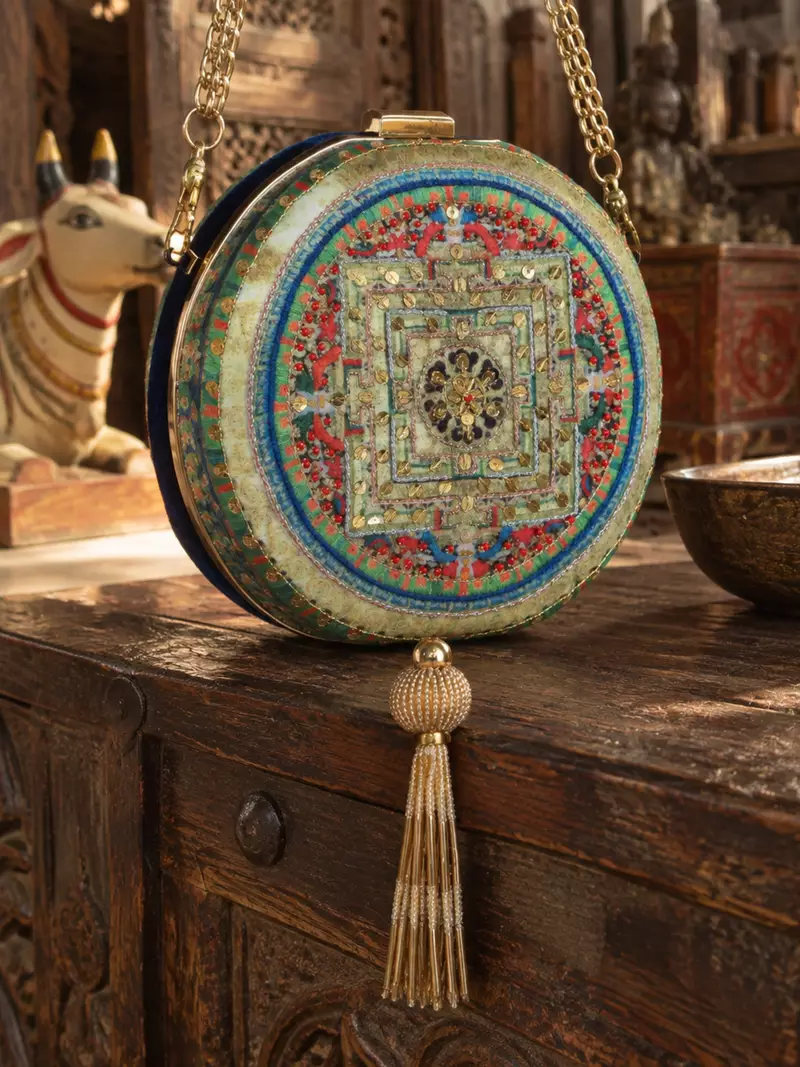 Blue Mandala Printed Embroidered Round Clutch Bag with Gold Tassel