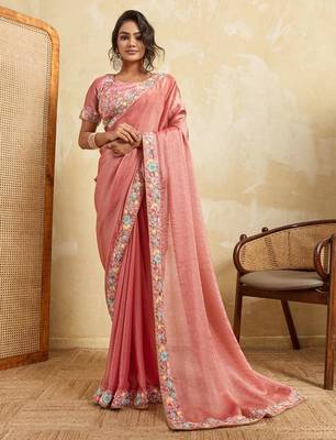 Tissue silk saree with multicolor floral embroidered border & matching blouse 1