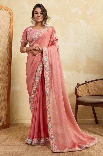 Tissue silk saree with multicolor floral embroidered border & matching blouse