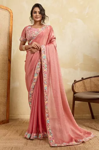 Tissue silk saree with multicolor floral embroidered border & matching blouse