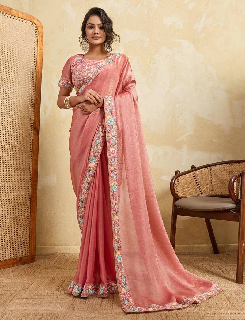 Tissue silk saree with multicolor floral embroidered border & matching blouse