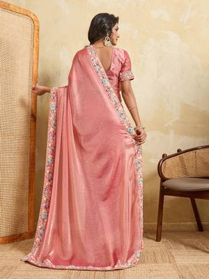 Tissue silk saree with multicolor floral embroidered border & matching blouse 2
