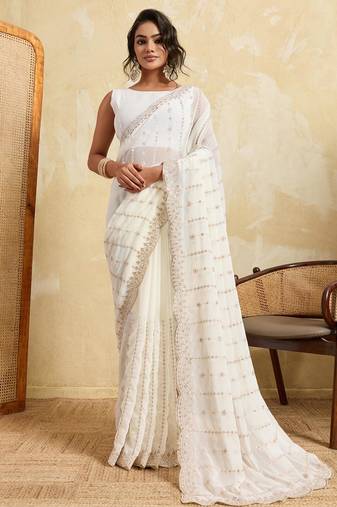 Ivory white embroidered saree with delicate sequin & threadwork border