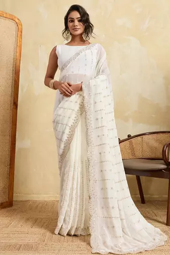 Ivory white embroidered saree with delicate sequin & threadwork border