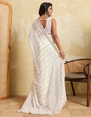 Ivory white embroidered saree with delicate sequin & threadwork border 2