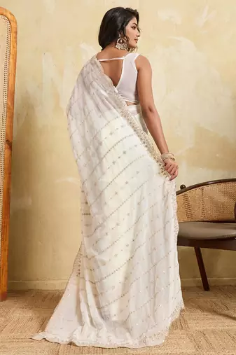 Ivory white embroidered saree with delicate sequin & threadwork border