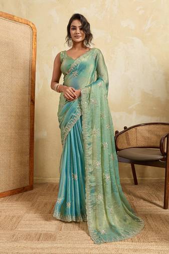 Tissue saree with silver star embroidery & embellished border