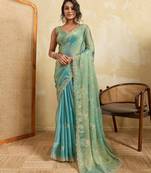 Tissue saree with silver star embroidery & embellished border