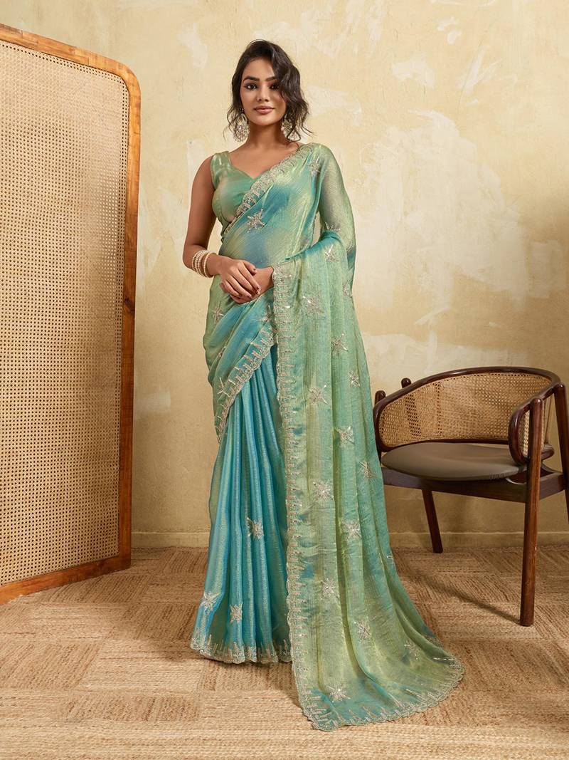 Tissue saree with silver star embroidery & embellished border